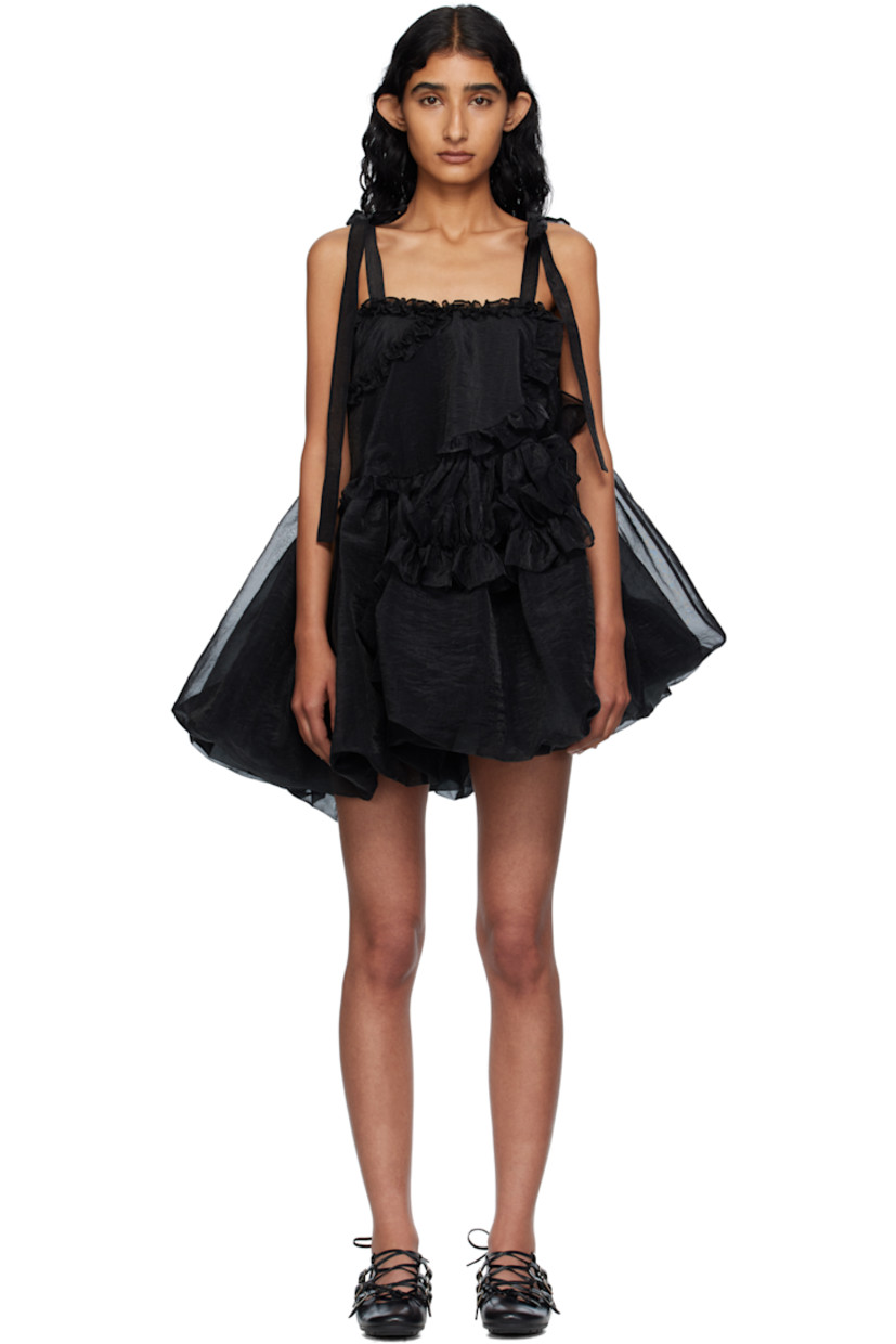 Sheer nylon-blend organza minidress.

· Ruffled trim throughout
· Square neck
· Asymmetrical bubble hem
· Self-tie shoulder straps
· Full satin lining

Supplier color: Black