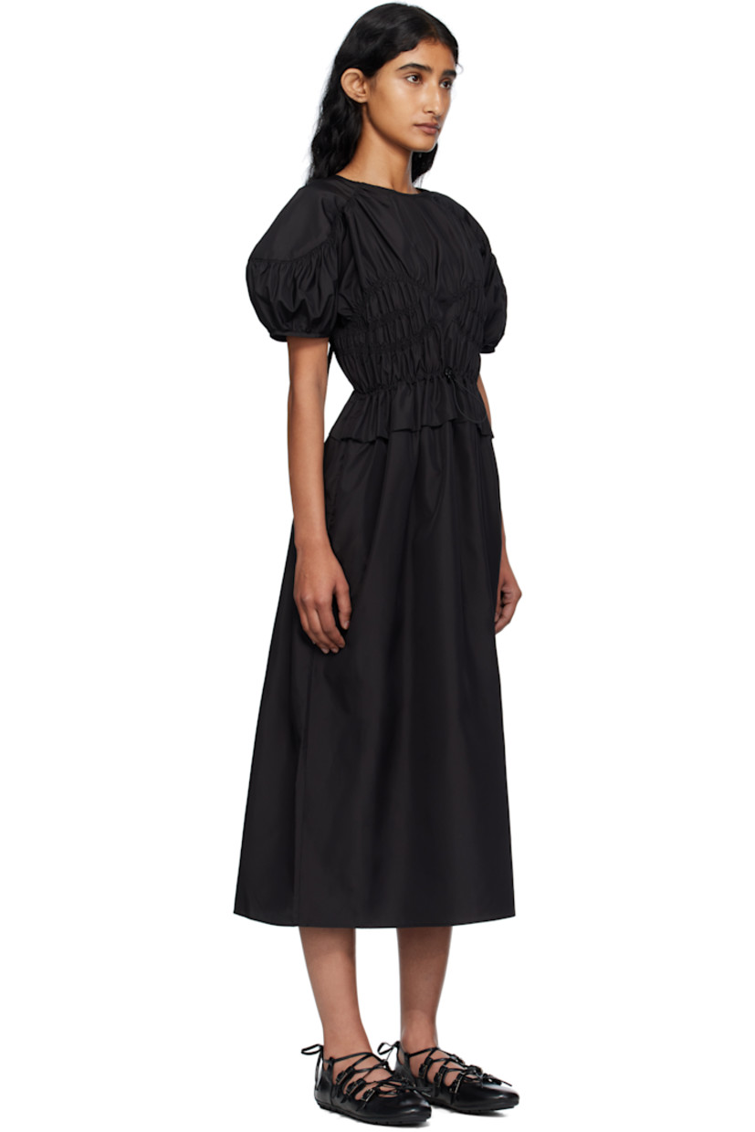 Recycled taffeta midi dress.

· Shirring throughout
· Round neck
· Bungee-style drawstring at waist
· Puff sleeves
· Vent at back collar

Supplier color: Black