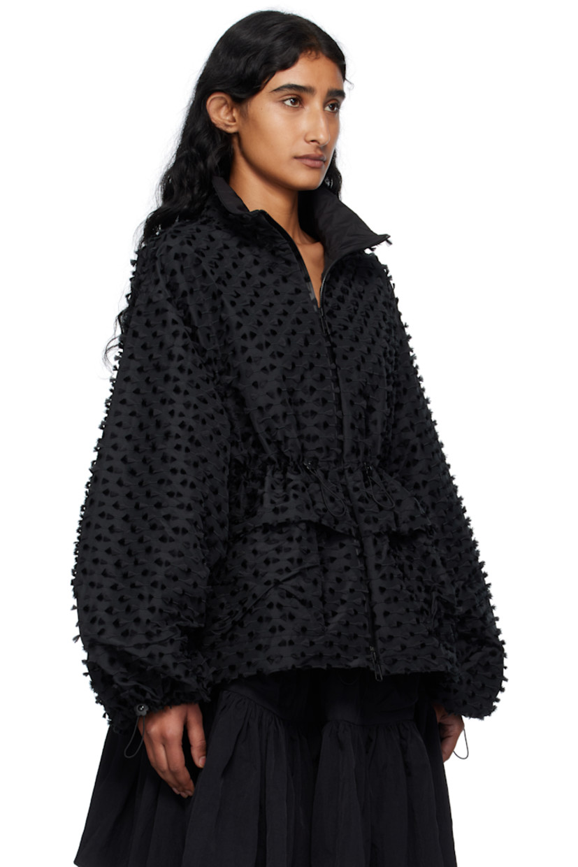 Taffeta jacket. 

· Fil-coupé pattern throughout
· Stand collar
· Two-way zip closure
· Bungee-style drawstring at waist and cuffs
· Flap pockets at front
· Dropped shoulders
· Full silk-blend satin lining

Supplier color: Black