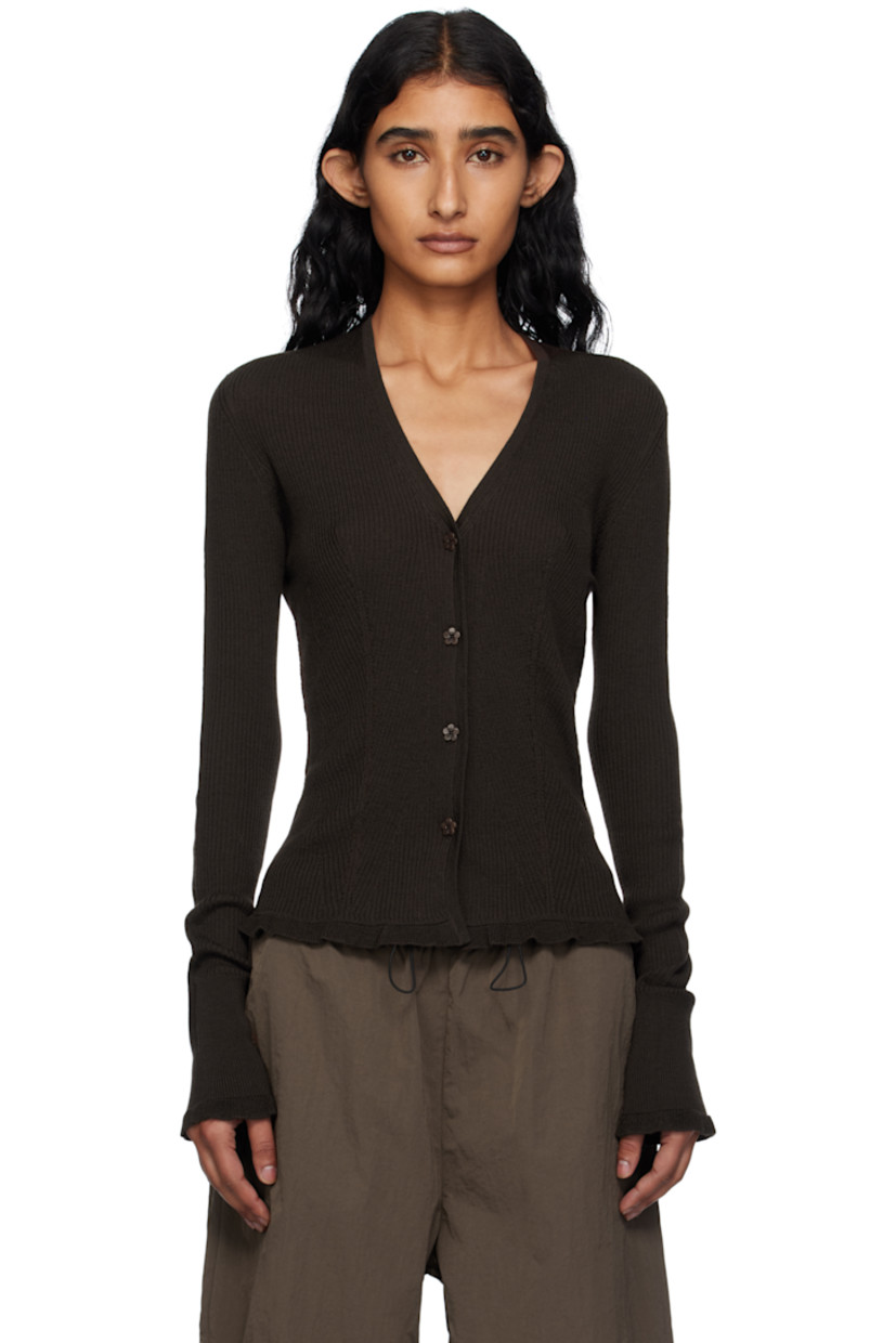 Rib-knit merino wool cardigan.

· Y-neck
· Button closure
· Ruffled trim at hem and cuffs

Supplier color: Brown