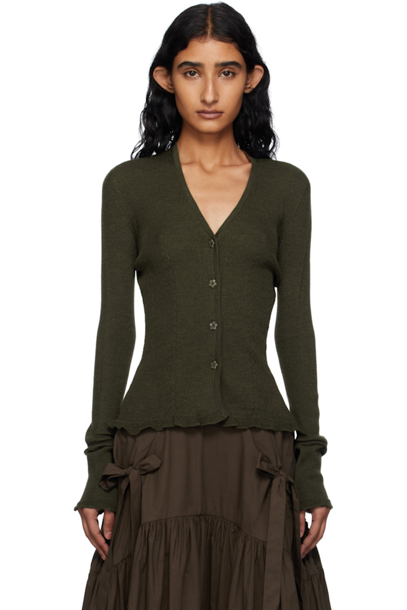 Rib-knit merino wool cardigan.

· Y-neck
· Button closure
· Ruffled trim at hem and cuffs

Supplier color: Olive