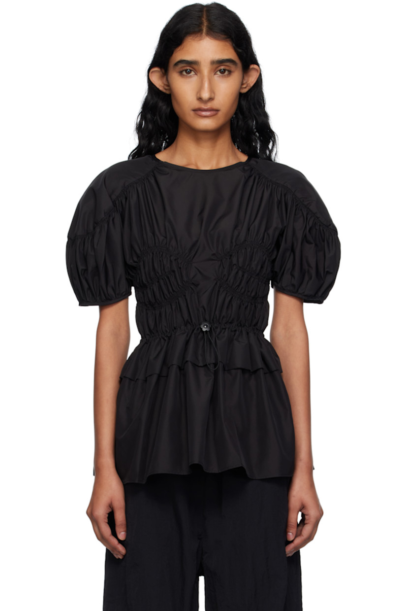 Recycled taffeta blouse.

· Shirring throughout
· Round neck
· Bungee-style drawstring at waist
· Peplum hem
· Puff sleeves
· Self-tie fastening at back collar

Supplier color: Black
