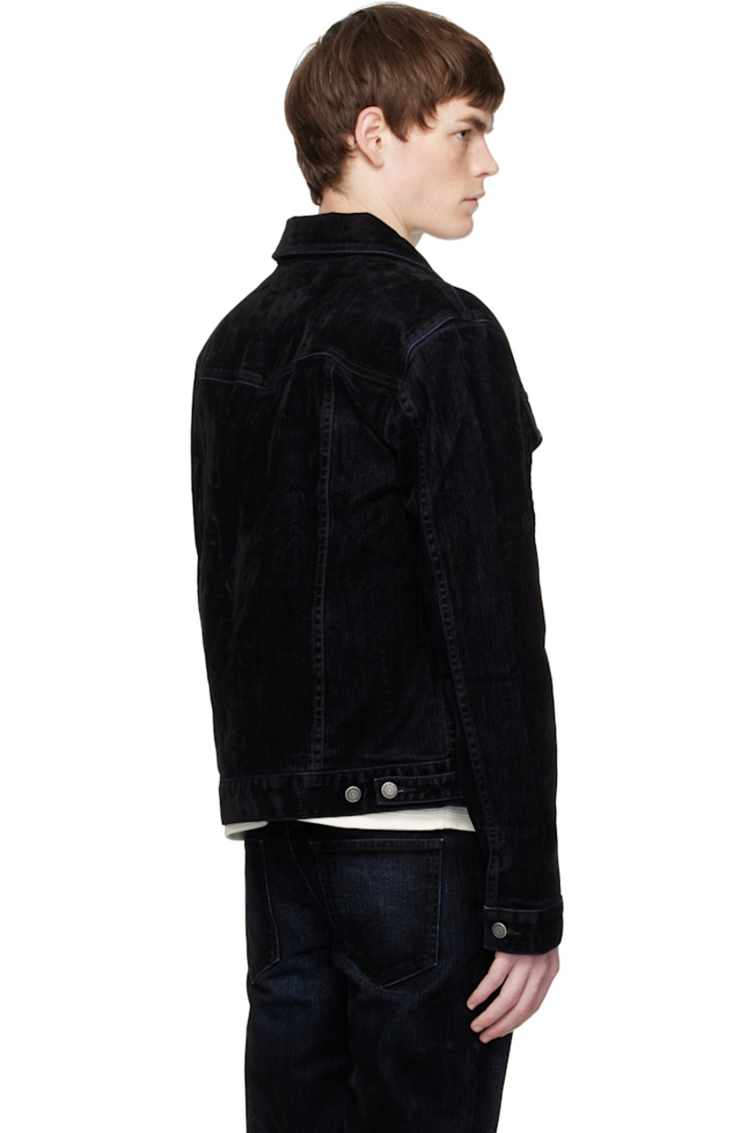 Flocked stretch denim jacket.

· Spread collar
· Button closure
· Flap pockets at chest
· Welt pockets at waist
· Buttoned cuffs
· Adjustable button tabs at back hem
· Patch pockets at interior
· Logo-engraved antiqued silver-tone hardware

Supplier color: Black