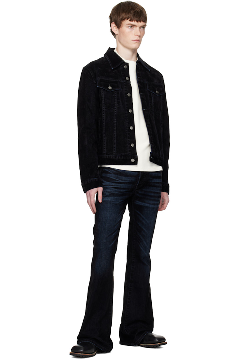 Flocked stretch denim jacket.

· Spread collar
· Button closure
· Flap pockets at chest
· Welt pockets at waist
· Buttoned cuffs
· Adjustable button tabs at back hem
· Patch pockets at interior
· Logo-engraved antiqued silver-tone hardware

Supplier color: Black