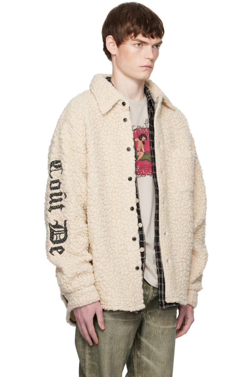 Virgin wool-blend fleece overshirt.

· Spread collar
· Button closure
· Patch pocket at chest
· Shirttail hem
· Dropped shoulders
· Mismatched logo with crystal-cut accents at sleeves
· Buttoned barrel cuffs

Supplier color: Ivory