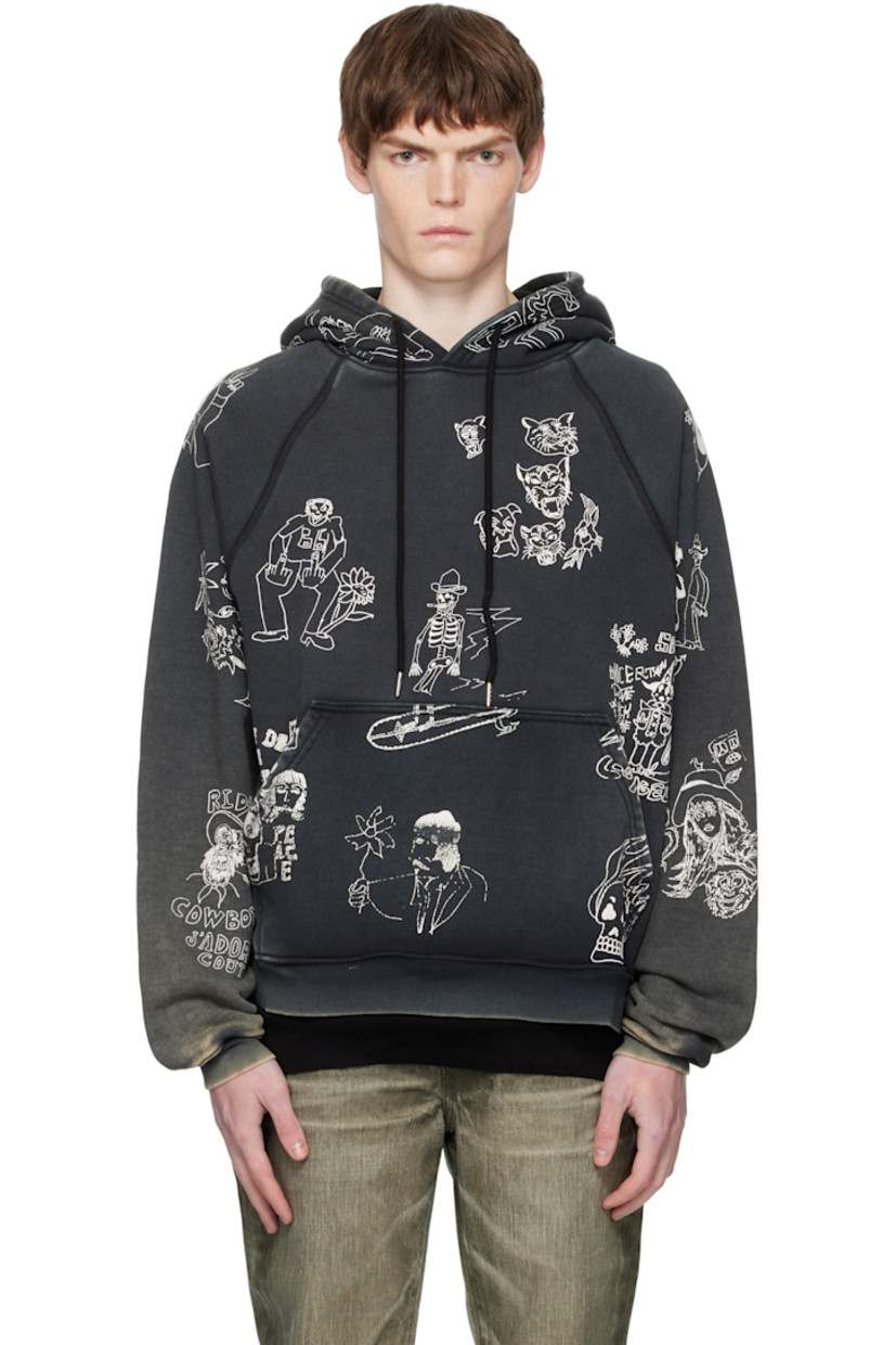French terry hoodie.

· Fading and printed logo graphics throughout
· Drawstring at hood
· Kangaroo pocket
· Rib-knit hem and cuffs
· Raglan sleeves

Supplier color: Ozone black