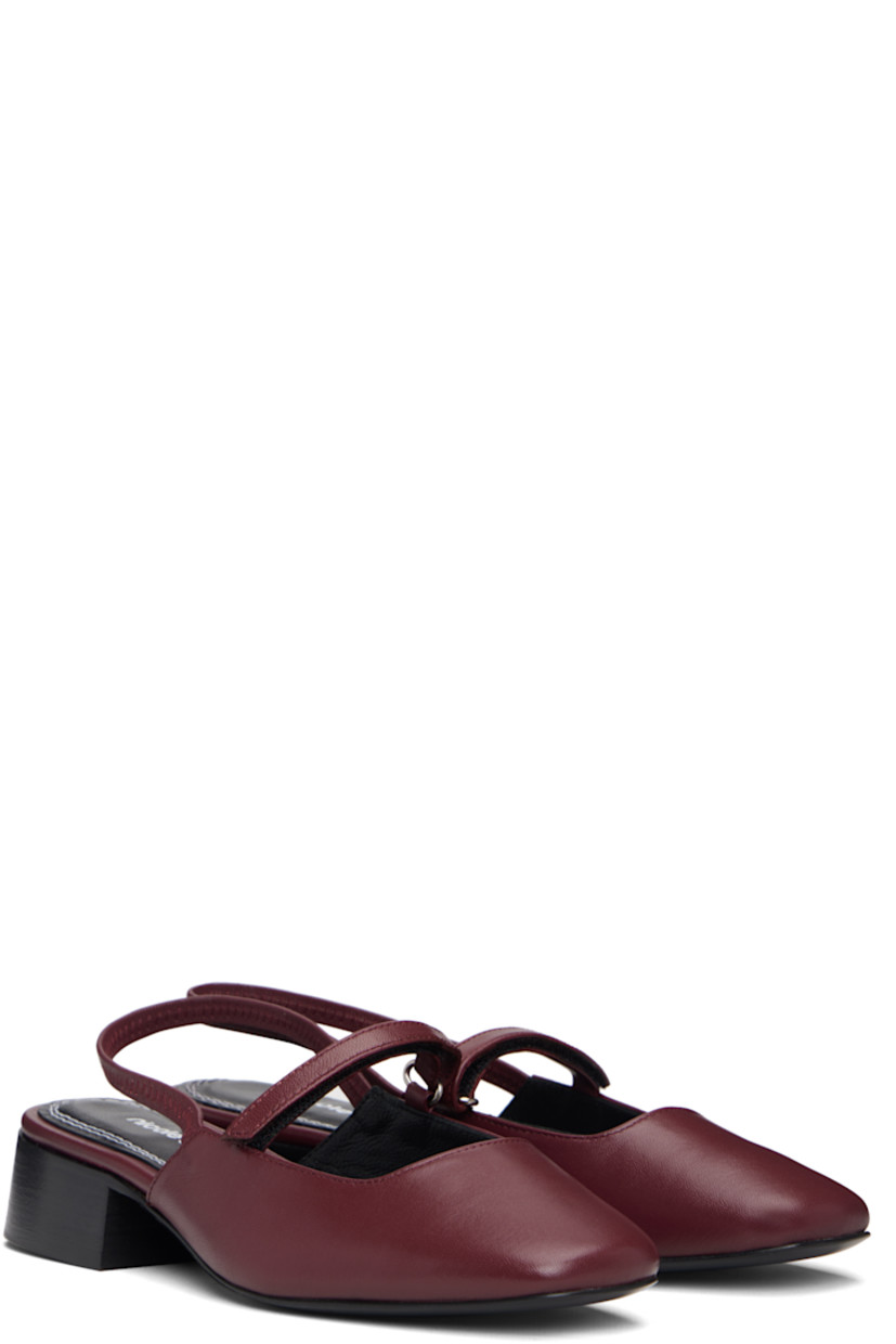 Buffed leather ballerina flats.

· Square toe 
· Velcro strap at vamp
· Elasticized slingback strap
· Stacked leather block heel with rubber injection
· Leather sole 

Supplier color: Deep red