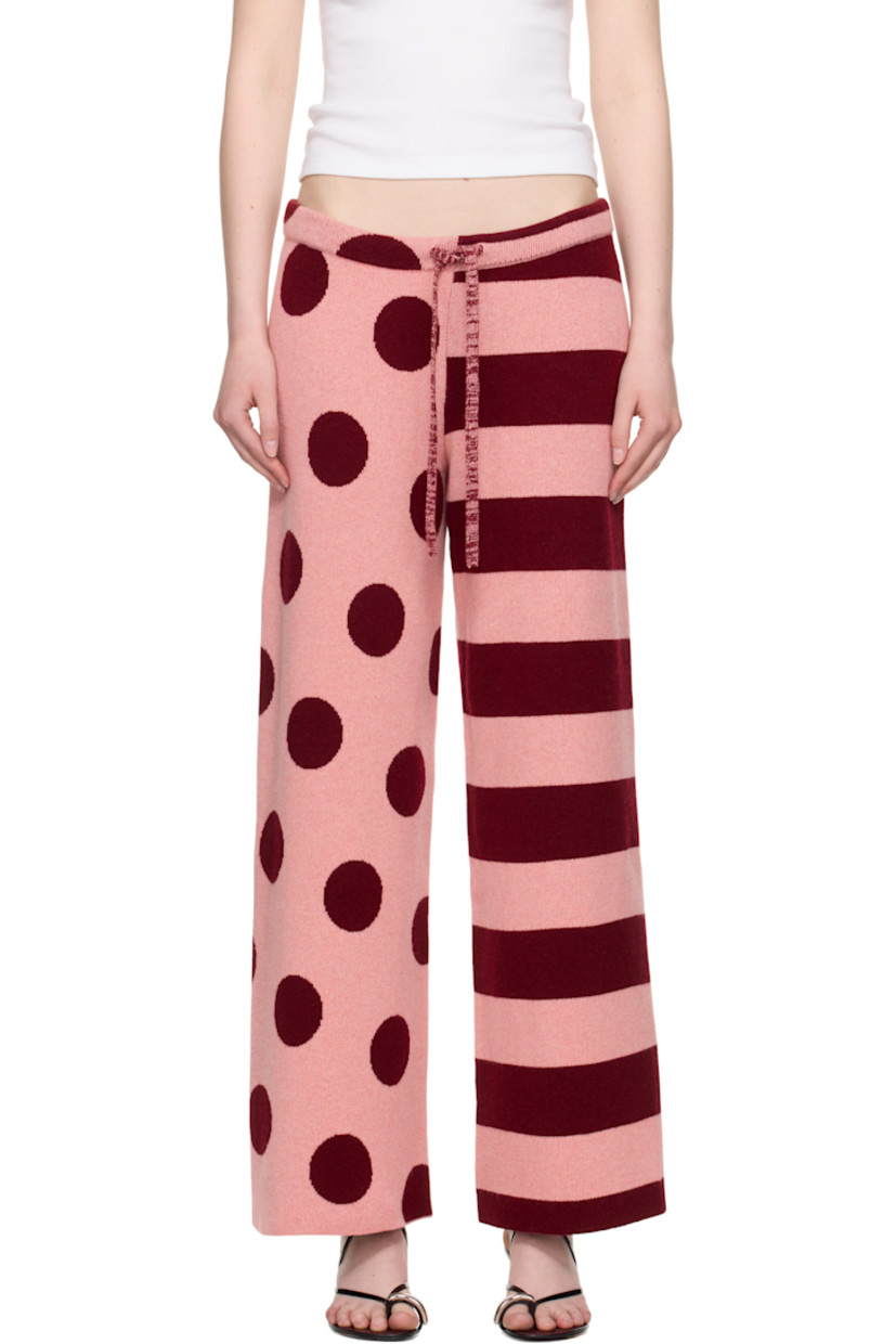 Hand-knit cashmere lounge pants. Jacquard stripes and polka-dot pattern throughout.

· Wide-leg 
· Drawstring at elasticized waistband

Supplier color: Red cedar/Bubblegum