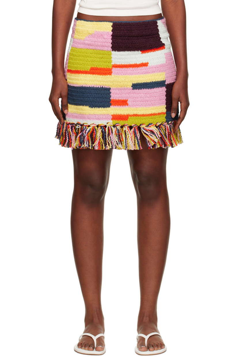 Crochet organic cotton miniskirt.

· Colorblocking throughout
· Elasticized waistband
· Fringed detailing at hem

Each item is unique. Please note coloration may vary.

Supplier color: Sunset patchwork