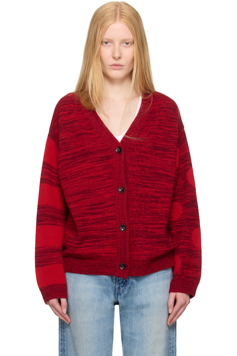 Hand-knit cashmere cardigan. Intarsia stripes and polka-dot pattern throughout. 

· Rib-knit Y-neck, hem, and cuffs
· Button closure
· Dropped shoulders
· Intarsia graphic and text at back

Supplier color: Red cedar/Bubblegum