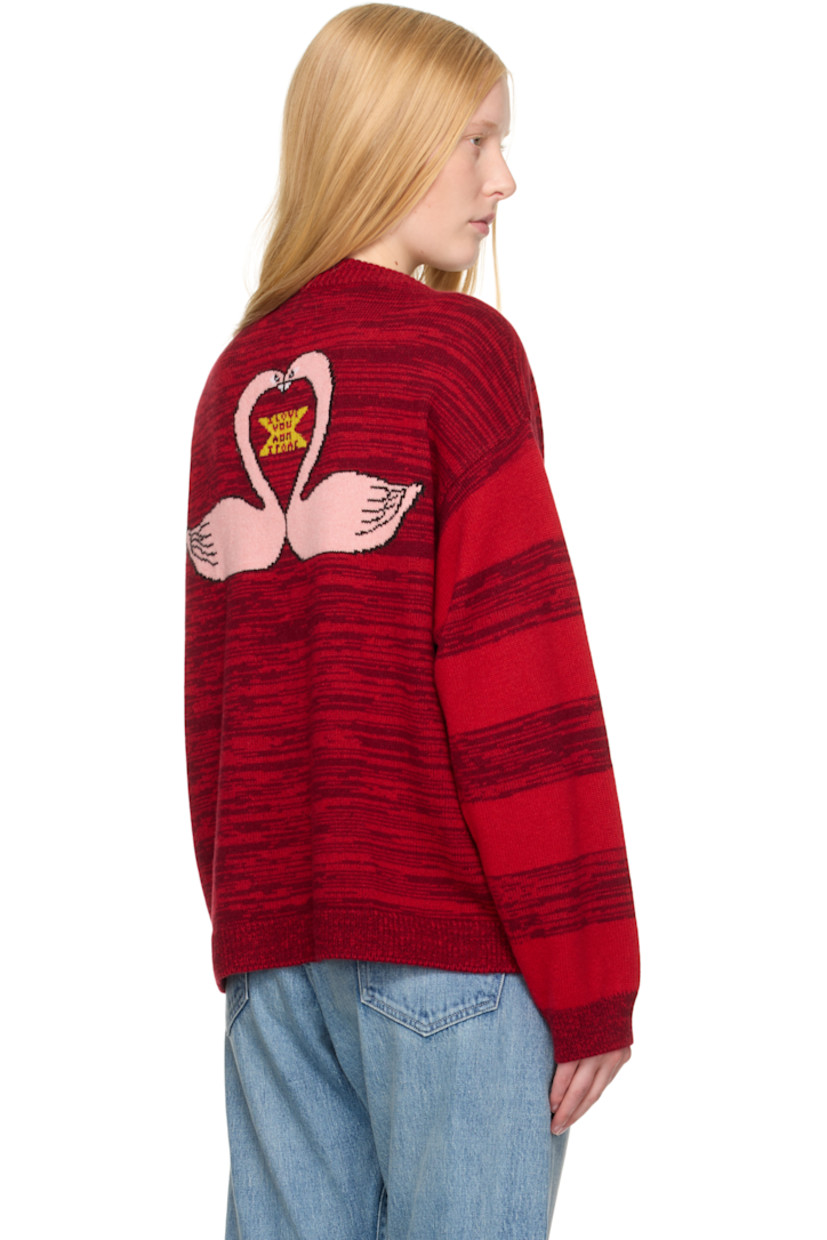 Hand-knit cashmere cardigan. Intarsia stripes and polka-dot pattern throughout. 

· Rib-knit Y-neck, hem, and cuffs
· Button closure
· Dropped shoulders
· Intarsia graphic and text at back

Supplier color: Red cedar/Bubblegum