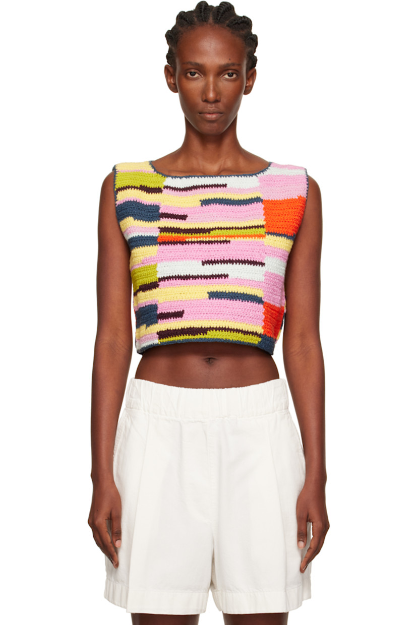 Crochet organic cotton top.

· Colorblocking throughout
· Boatneck
· Cropped hem

Each item is unique. Please note coloration may vary.

Supplier color: Sunset patchwork