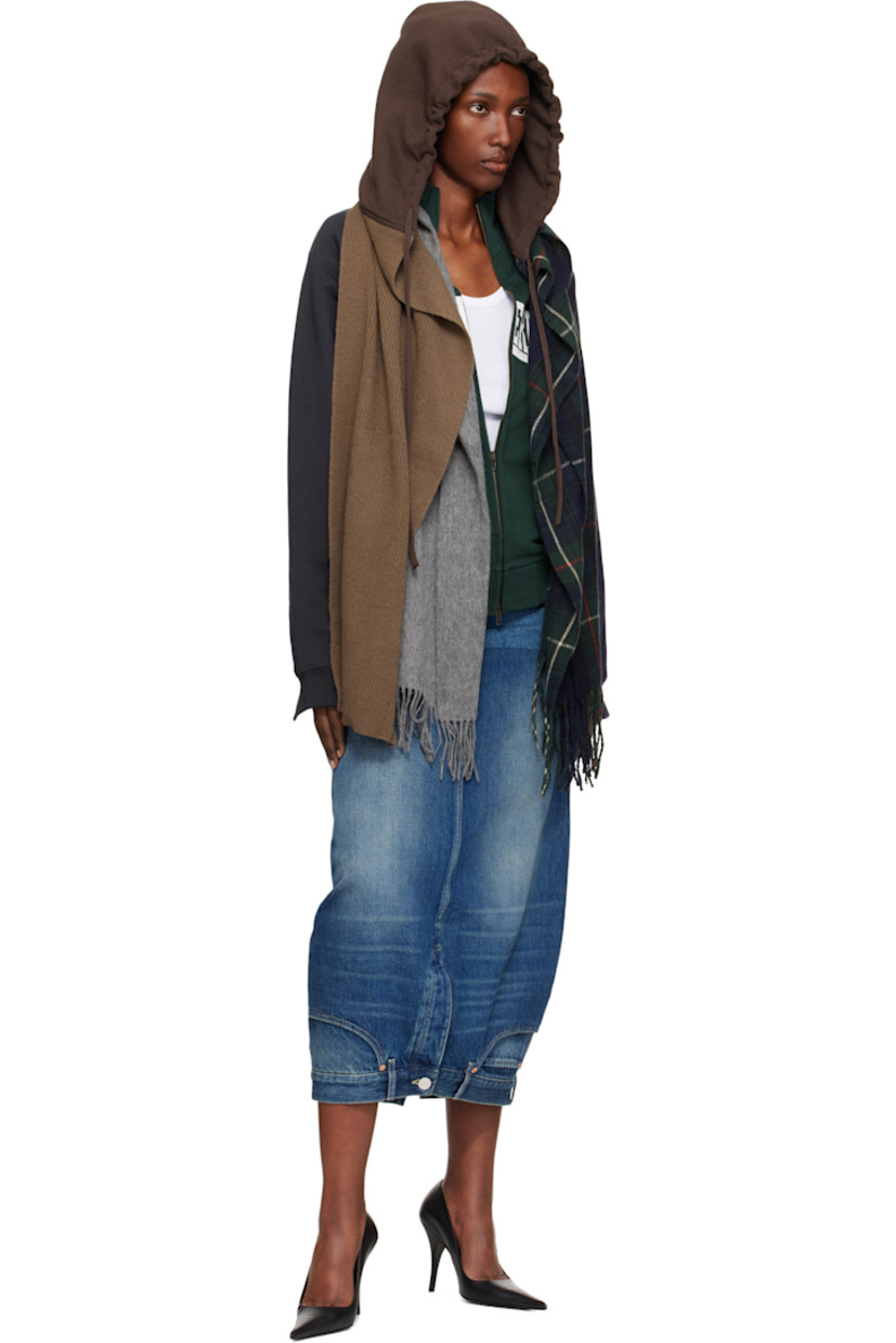 Rectangular paneled wool-blend flannel and rib-knit scarf.

· Integrated cotton fleece hood with drawstring
· Fringed ends 

Supplier color: Brown Multi