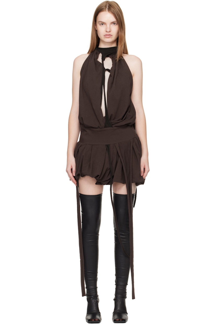 Stretch organic cotton-blend minidress. 

· Halter strap 
· Draping and rolled edges throughout 
· Keyhole at chest and back
· Bubble hem

Supplier color: Dark brown wash