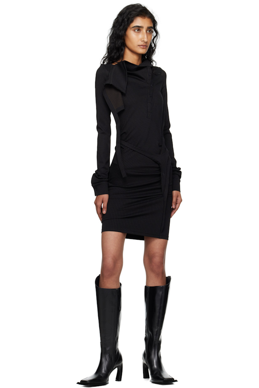 Stretch jersey minidress.

· Pinstripes throughout
· Asymmetric neck
· Offset four-button placket
· Extended trim at front
· Pleats at side seams
· Buttoned barrel cuffs

Supplier color: Black pinstripe
