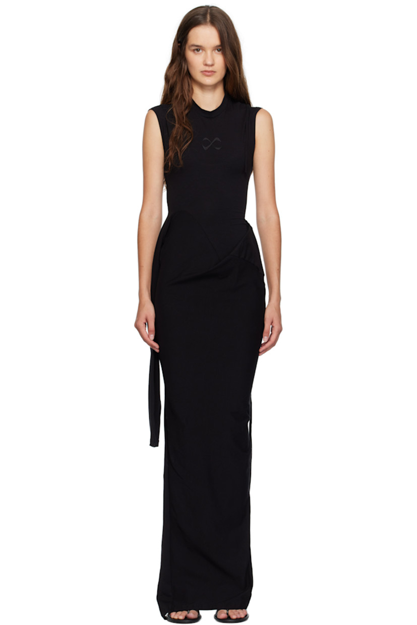 Stretch organic cotton jersey maxi dress.

· Draped construction
· Mock neck
· Dart at front
· Self-tie fastening at waist
· Slit at side seam

Supplier color: Jet black