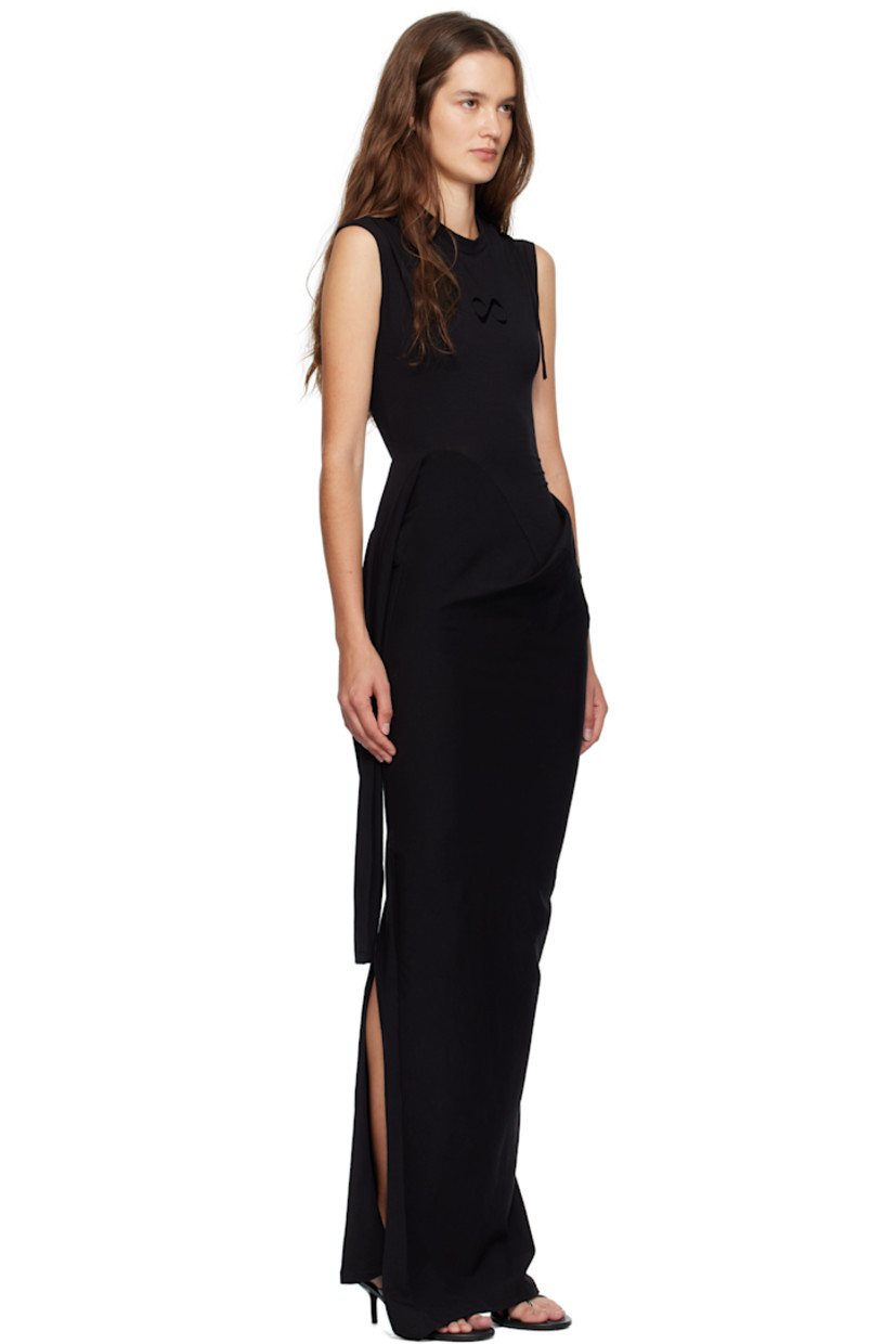 Stretch organic cotton jersey maxi dress.

· Draped construction
· Mock neck
· Dart at front
· Self-tie fastening at waist
· Slit at side seam

Supplier color: Jet black