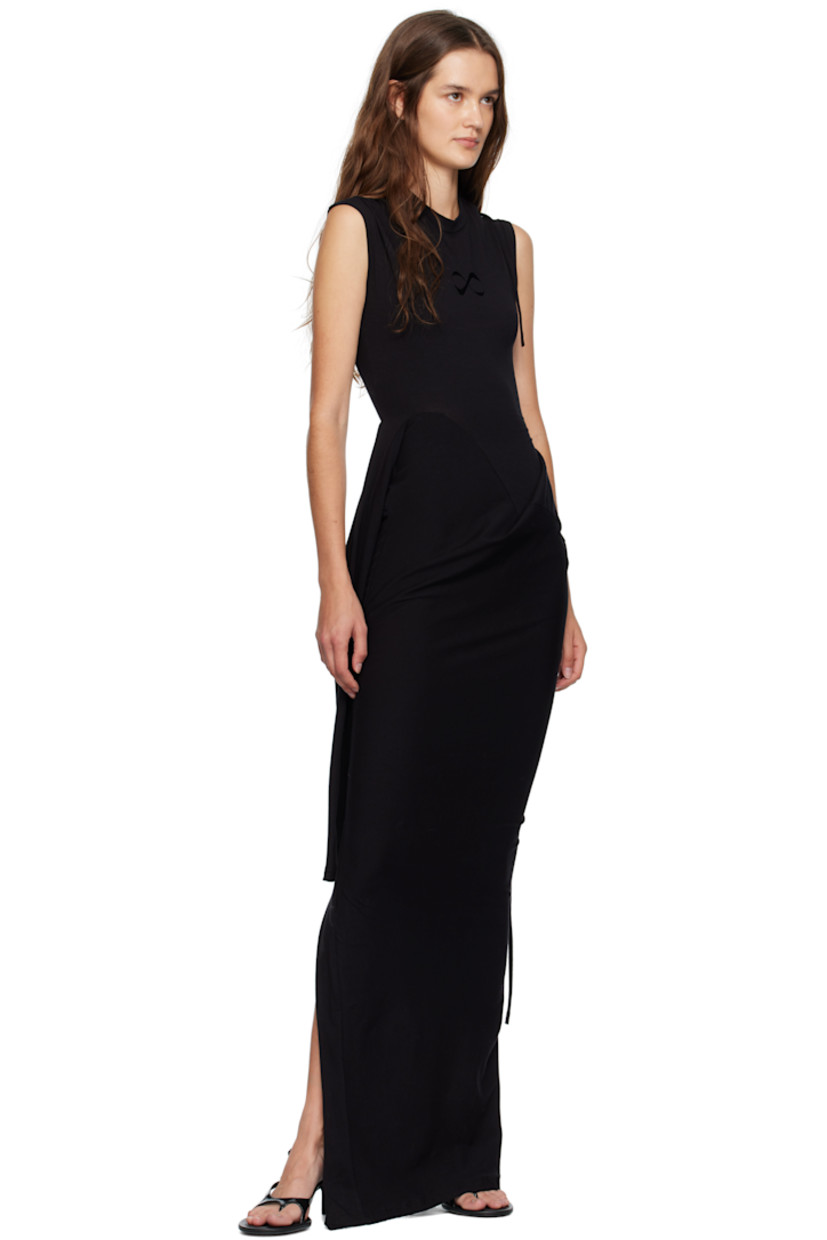 Stretch organic cotton jersey maxi dress.

· Draped construction
· Mock neck
· Dart at front
· Self-tie fastening at waist
· Slit at side seam

Supplier color: Jet black