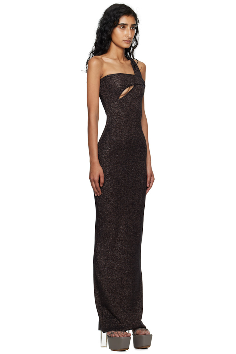 Rib-knit stretch cotton-blend maxi dress.

· Metallic thread detailing throughout
· Single-shoulder construction
· Cutout at chest
· Logo embroidered at front

Supplier color: Black/Bronze glitter