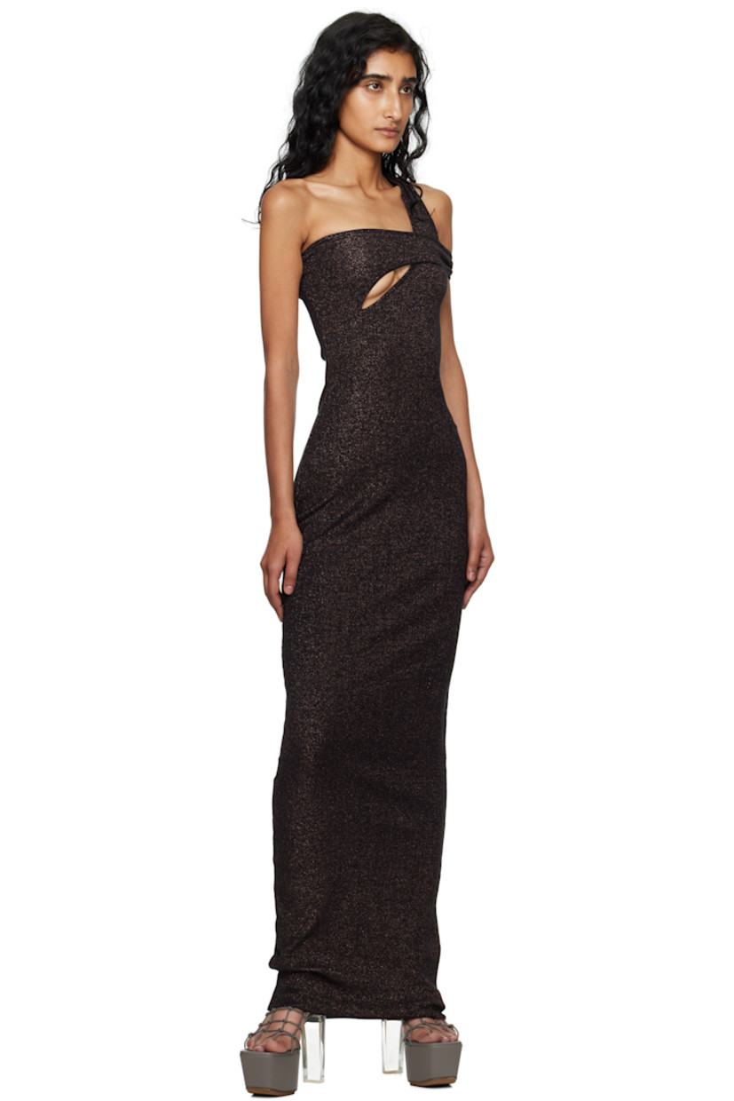 Rib-knit stretch cotton-blend maxi dress.

· Metallic thread detailing throughout
· Single-shoulder construction
· Cutout at chest
· Logo embroidered at front

Supplier color: Black/Bronze glitter
