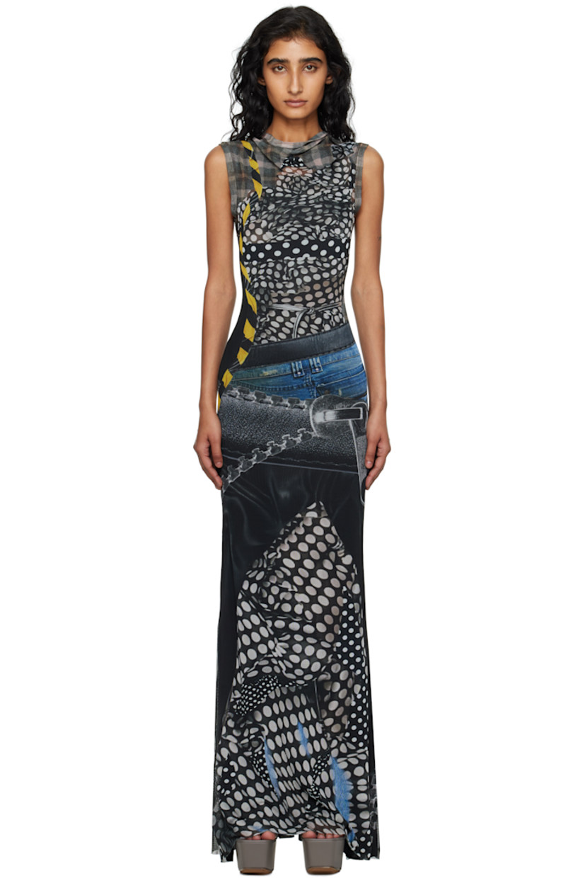 Sheer stretch recycled polyester mesh maxi dress.

· Graphic pattern printed throughout
· Boatneck
· Raw edge at hem
· Full jersey lining

Supplier color: Polka dot zip print
