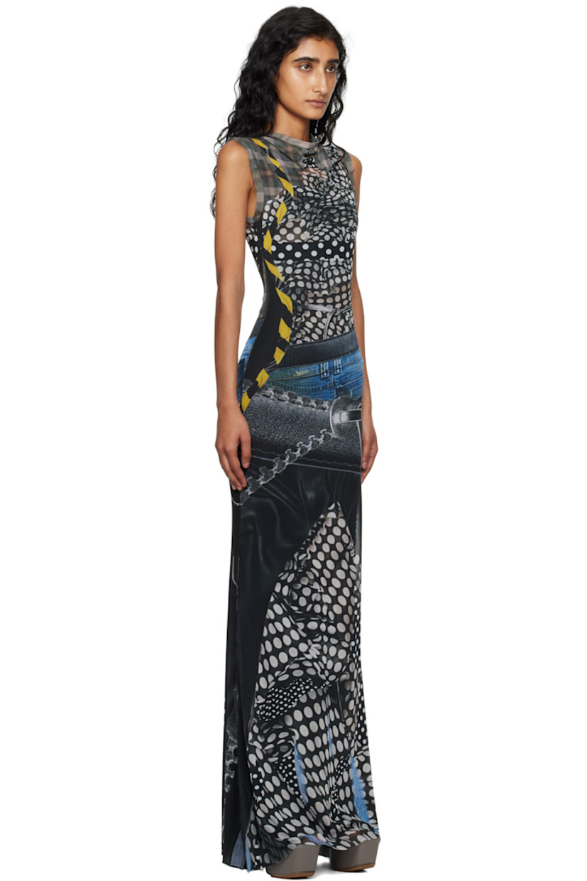 Sheer stretch recycled polyester mesh maxi dress.

· Graphic pattern printed throughout
· Boatneck
· Raw edge at hem
· Full jersey lining

Supplier color: Polka dot zip print
