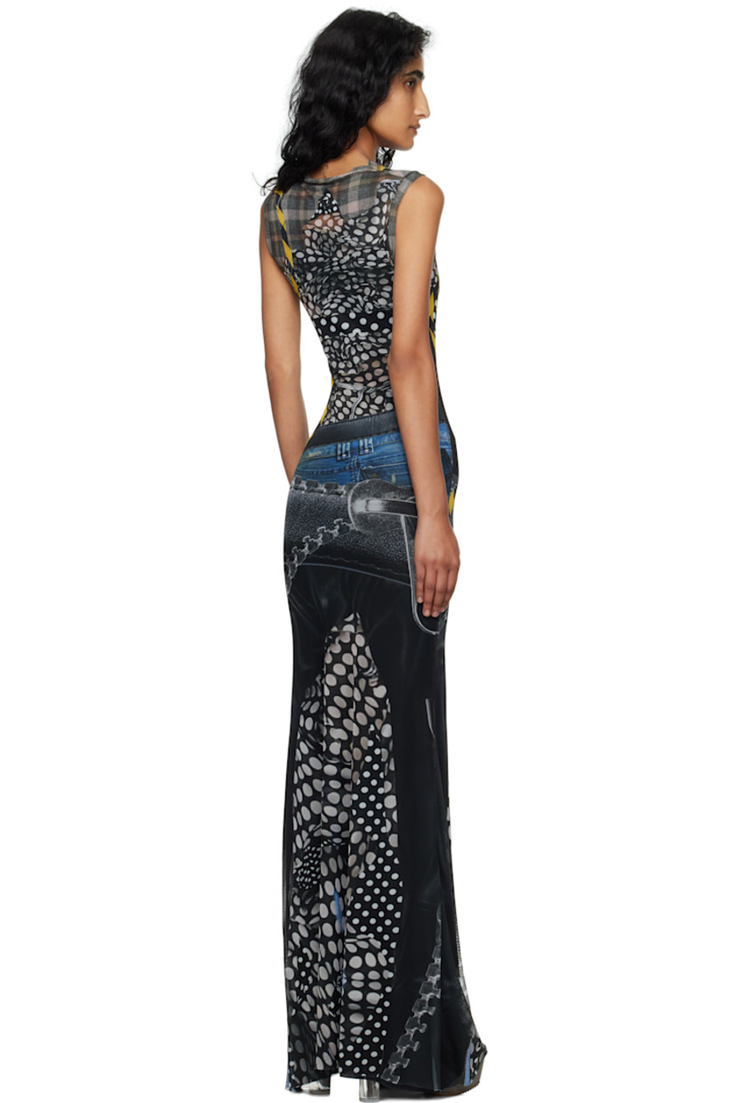 Sheer stretch recycled polyester mesh maxi dress.

· Graphic pattern printed throughout
· Boatneck
· Raw edge at hem
· Full jersey lining

Supplier color: Polka dot zip print