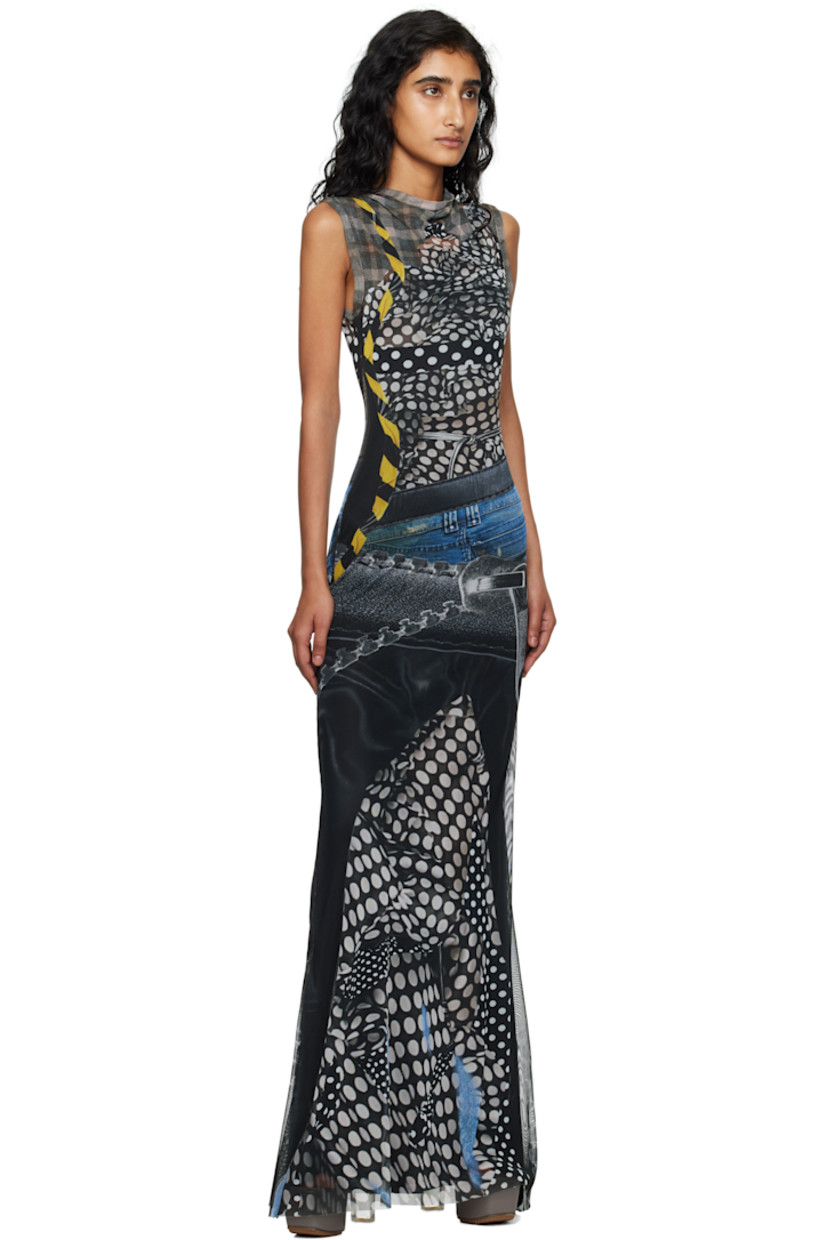 Sheer stretch recycled polyester mesh maxi dress.

· Graphic pattern printed throughout
· Boatneck
· Raw edge at hem
· Full jersey lining

Supplier color: Polka dot zip print