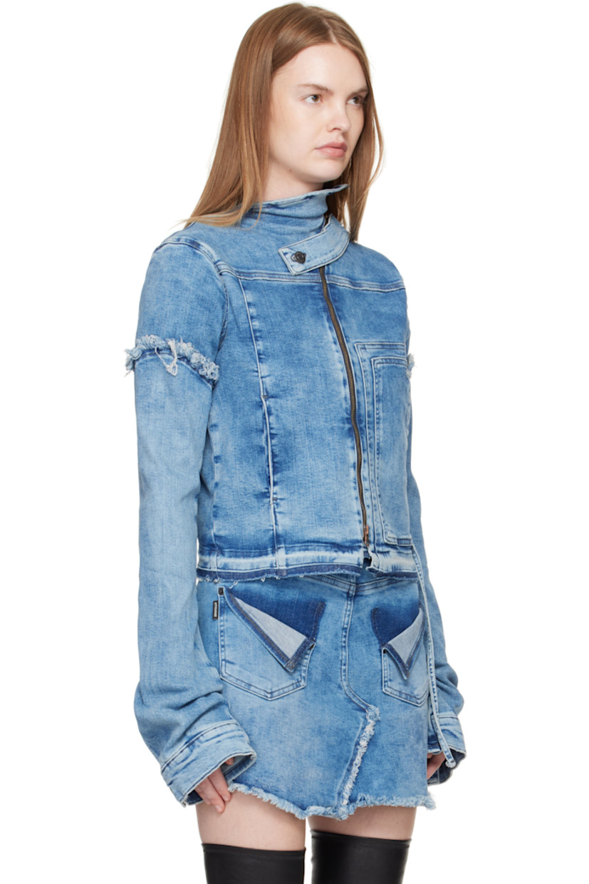 Stretch cotton-blend denim jacket. 

· Fading and frayed edges throughout
· Button tab at stand collar 
· Two-way zip closure
· Welt pockets and straps at front 
· Buttoned barrel cuffs
· Logo patch at back collar 

Supplier color: Blue wash