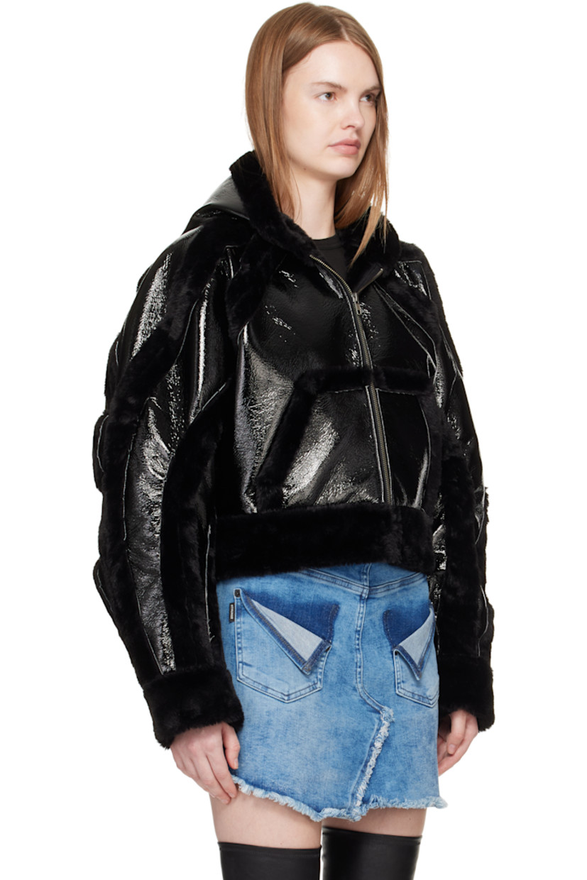 Crinkled patent faux-leather jacket. 

· Faux-fur trim throughout 
· Zip closure
· Patch pockets at waist
· Cropped hem 
· Raglan sleeves
· Gathering at back hem 

Supplier color: Black