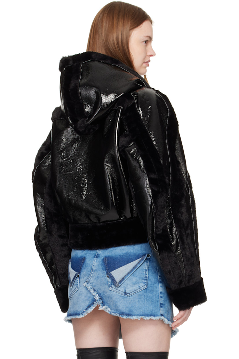Crinkled patent faux-leather jacket. 

· Faux-fur trim throughout 
· Zip closure
· Patch pockets at waist
· Cropped hem 
· Raglan sleeves
· Gathering at back hem 

Supplier color: Black