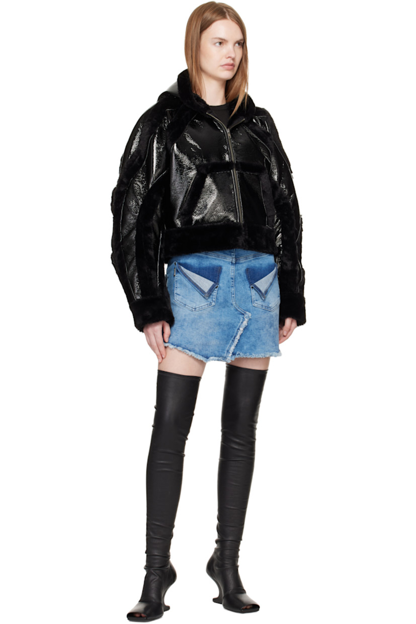 Crinkled patent faux-leather jacket. 

· Faux-fur trim throughout 
· Zip closure
· Patch pockets at waist
· Cropped hem 
· Raglan sleeves
· Gathering at back hem 

Supplier color: Black