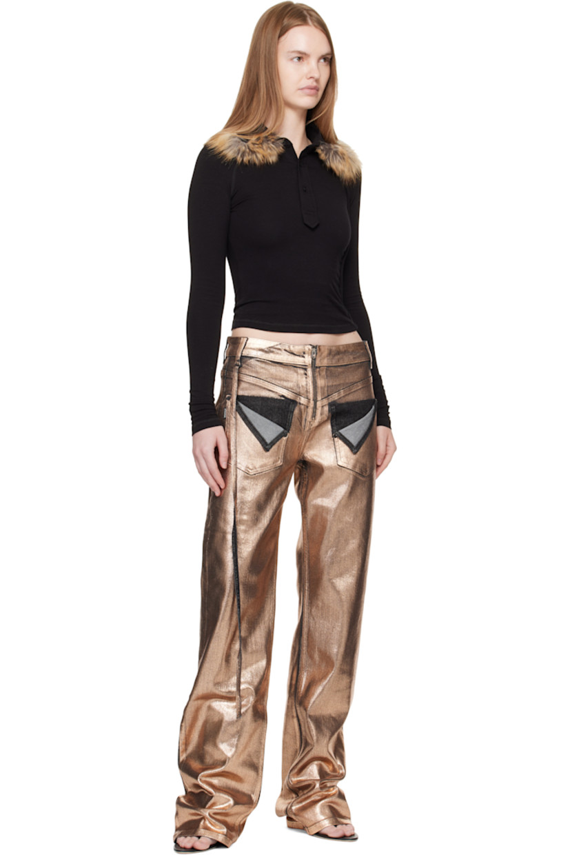 Coated non-stretch denim jeans. 

· Belt loops
· Four-pocket styling
· Zip closure
· Strap at outseam
· Logo patch at back waistband

Supplier color: Black/Bronze paint