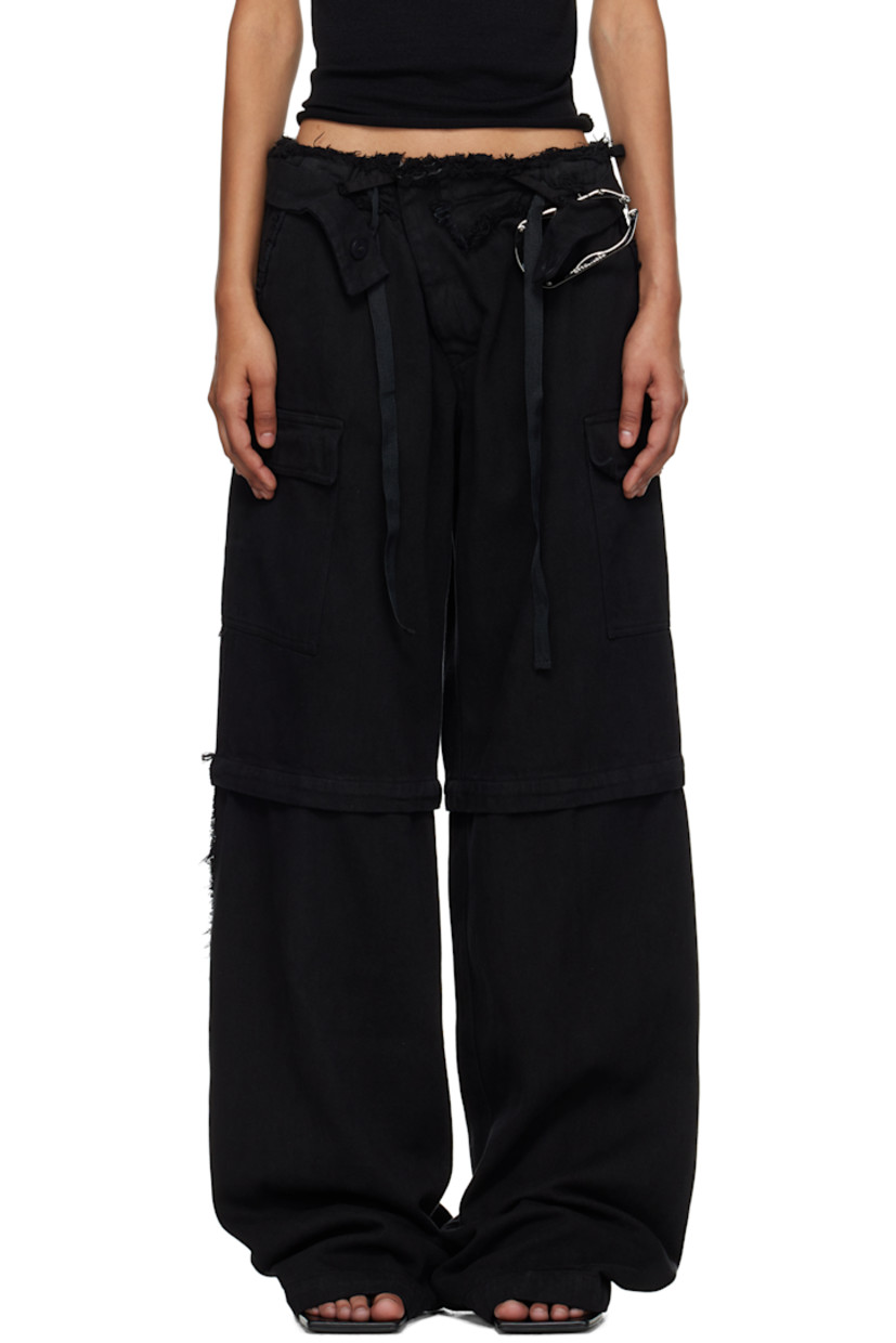 Cotton twill cargo pants.

· Frayed edge, button strap, and drawstring at waistband
· Four-pocket styling
· Offset zip fly
· Logo-engraved hardware at front
· Drawstring at cuffs
· Cargo pocket at outseams
· Logo flag at outseam
· Rubberized logo patch at back

Supplier color: Black wash