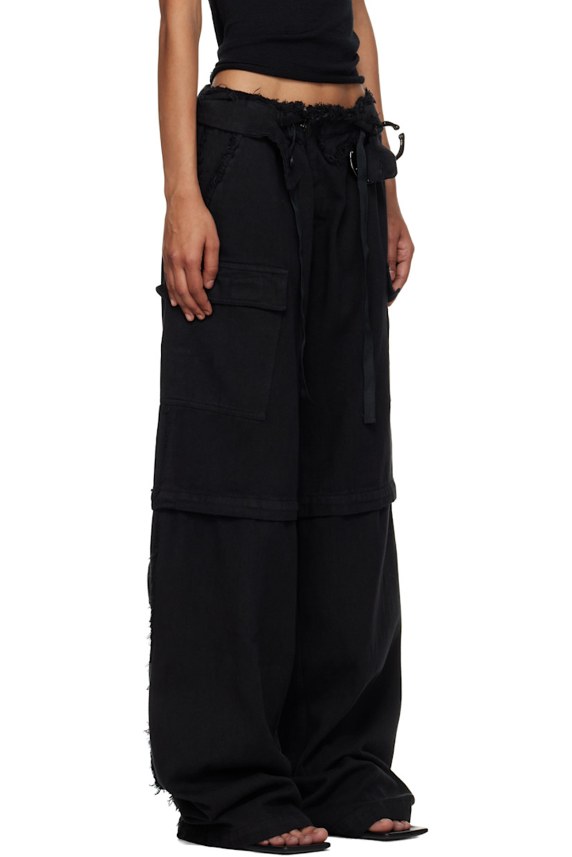 Cotton twill cargo pants.

· Frayed edge, button strap, and drawstring at waistband
· Four-pocket styling
· Offset zip fly
· Logo-engraved hardware at front
· Drawstring at cuffs
· Cargo pocket at outseams
· Logo flag at outseam
· Rubberized logo patch at back

Supplier color: Black wash