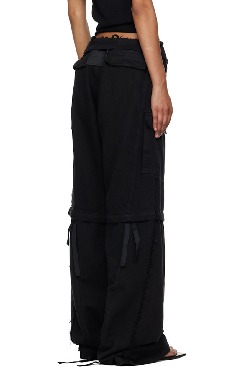 Cotton twill cargo pants.

· Frayed edge, button strap, and drawstring at waistband
· Four-pocket styling
· Offset zip fly
· Logo-engraved hardware at front
· Drawstring at cuffs
· Cargo pocket at outseams
· Logo flag at outseam
· Rubberized logo patch at back

Supplier color: Black wash