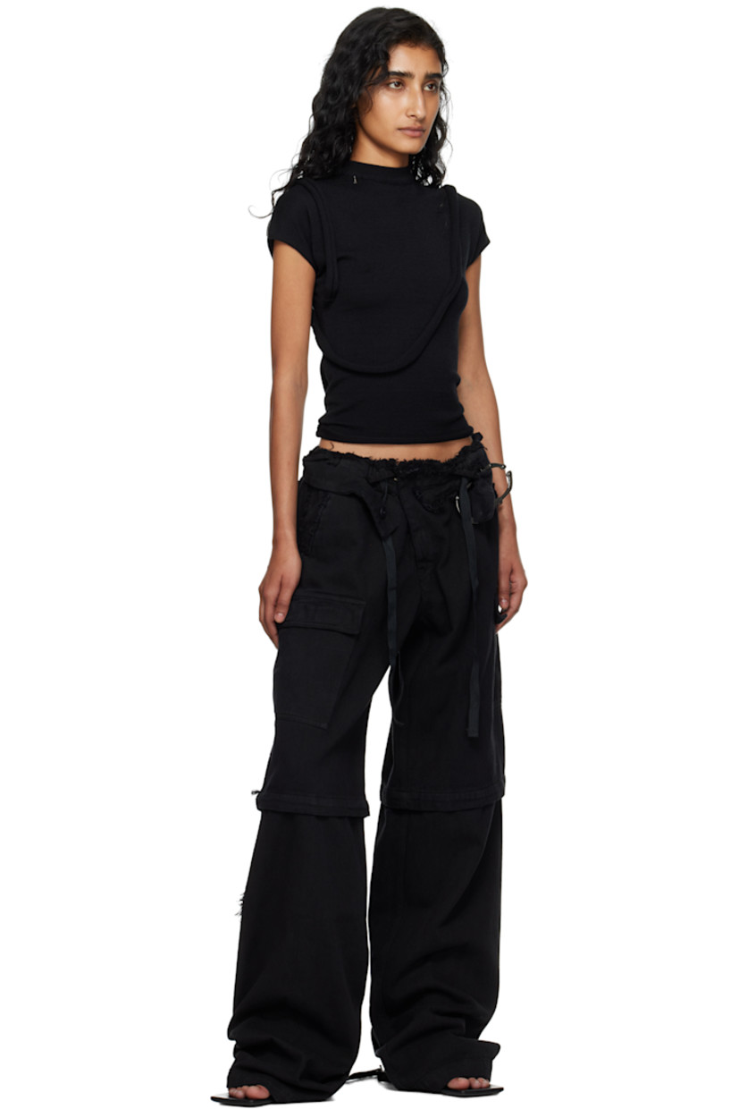 Cotton twill cargo pants.

· Frayed edge, button strap, and drawstring at waistband
· Four-pocket styling
· Offset zip fly
· Logo-engraved hardware at front
· Drawstring at cuffs
· Cargo pocket at outseams
· Logo flag at outseam
· Rubberized logo patch at back

Supplier color: Black wash