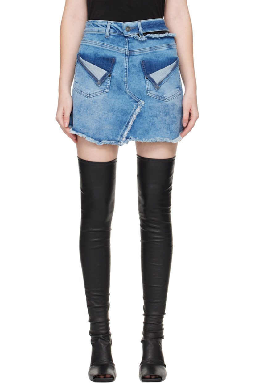 Non-stretch denim miniskirt. 

· Asymmetrical construction 
· Frayed edges and fading throughout 
· Button tab at waistband
· Belt loops
· Zip closure at side seam 
· Logo patch at back waistband

Supplier color: Blue wash