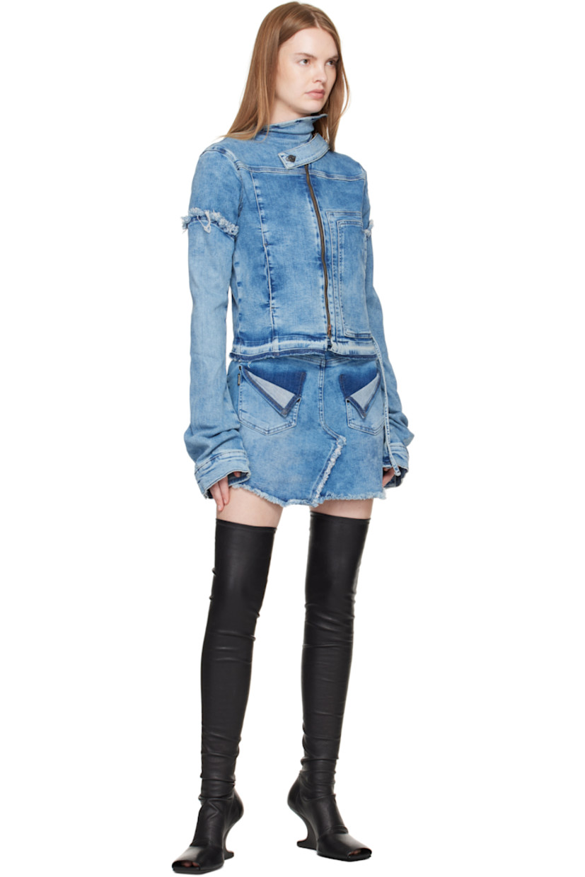 Non-stretch denim miniskirt. 

· Asymmetrical construction 
· Frayed edges and fading throughout 
· Button tab at waistband
· Belt loops
· Zip closure at side seam 
· Logo patch at back waistband

Supplier color: Blue wash