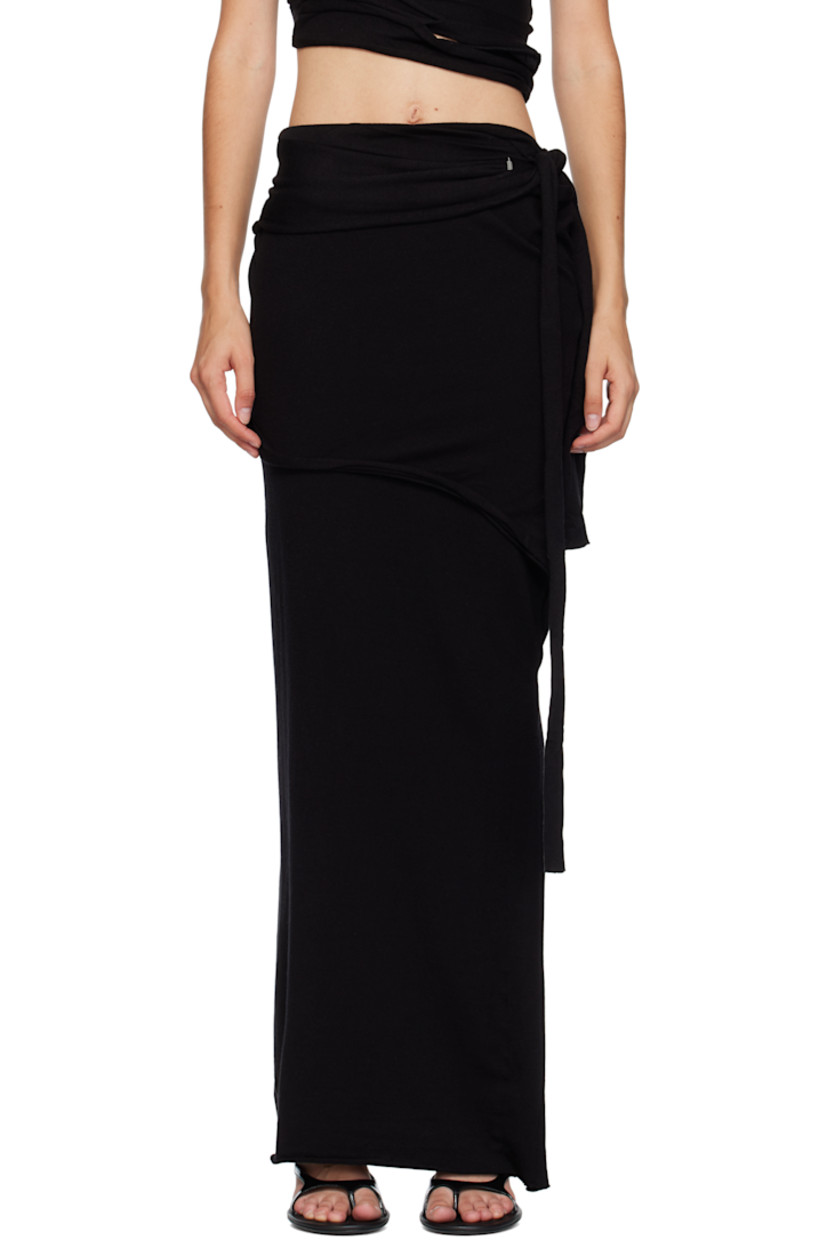 Knit viscose-blend maxi skirt.

· Raw edges throughout
· Draped and asymmetrical construction
· Extended trim at side seams
· Gathering at back

Supplier color: Black