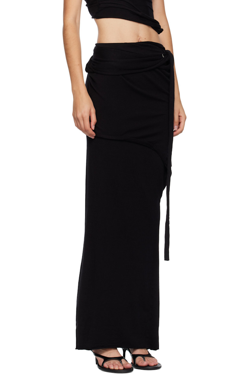 Knit viscose-blend maxi skirt.

· Raw edges throughout
· Draped and asymmetrical construction
· Extended trim at side seams
· Gathering at back

Supplier color: Black