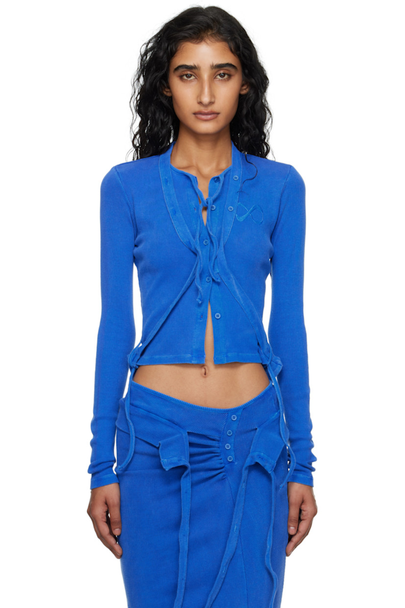 Rib-knit stretch organic cotton cardigan.

· Self-tie fastening and cutouts at crewneck and hem
· Button closure
· Logo embroidered at chest

Supplier color: Blue
