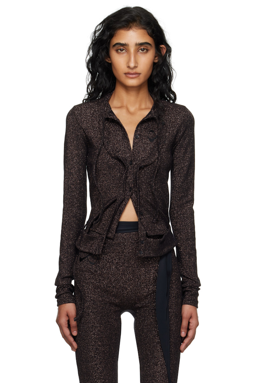 Rib-knit stretch cotton-blend cardigan.

· Metallic threads throughout
· Self-tie fastening and cutouts at crewneck and hem
· Button closure
· Logo embroidered at chest

Supplier color: Black/Bronze glitter
