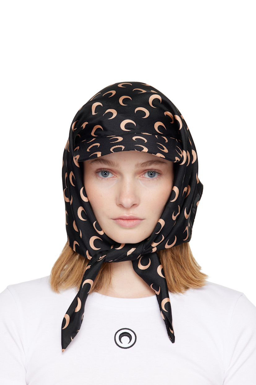 Silk satin cap.

· Headscarf-style construction
· Logo pattern throughout
· Curved brim
· Elasticized headband
· Bandana-style self-tie fastening at back
· Unlined

Supplier color: Inverse tan