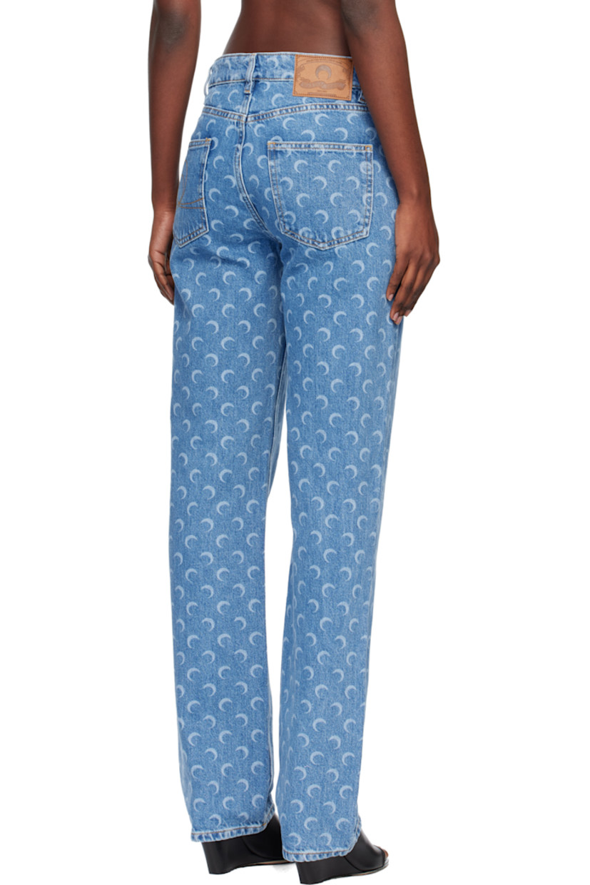 Non-stretch denim jeans.

· Fading and printed logo pattern throughout
· Straight-leg
· Mid-rise
· Belt loops
· Five-pocket styling
· Zip fly
· Logo patch at back waistband
· Contrast stitching in tan

Supplier color: Moon laser denim blue