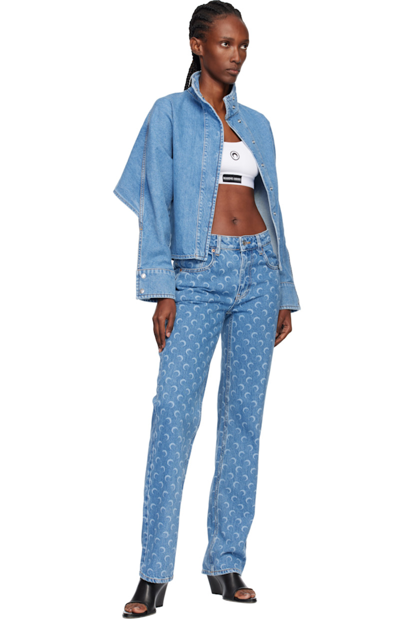 Non-stretch denim jeans.

· Fading and printed logo pattern throughout
· Straight-leg
· Mid-rise
· Belt loops
· Five-pocket styling
· Zip fly
· Logo patch at back waistband
· Contrast stitching in tan

Supplier color: Moon laser denim blue