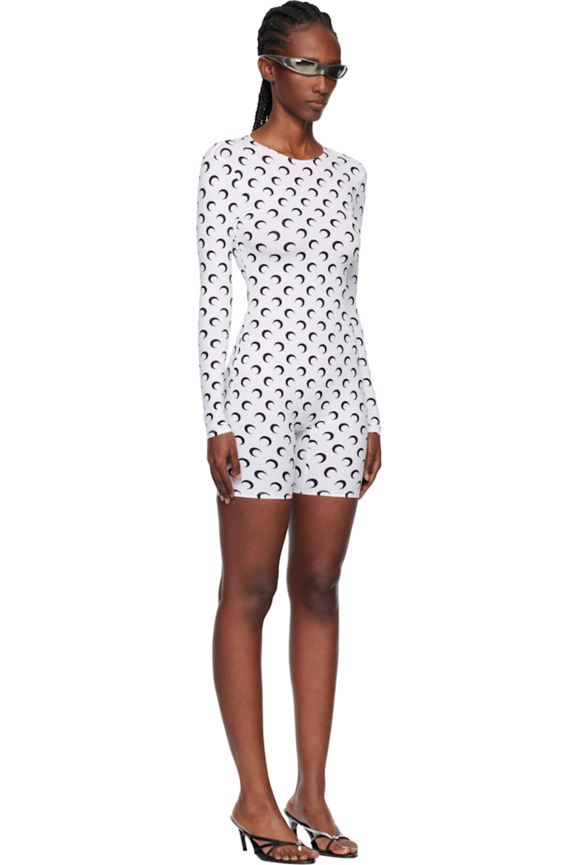 Stretch recycled nylon jersey jumpsuit.

· Logo pattern printed throughout
· Crewneck
· Zip closure at back

Supplier color: Moon black on white