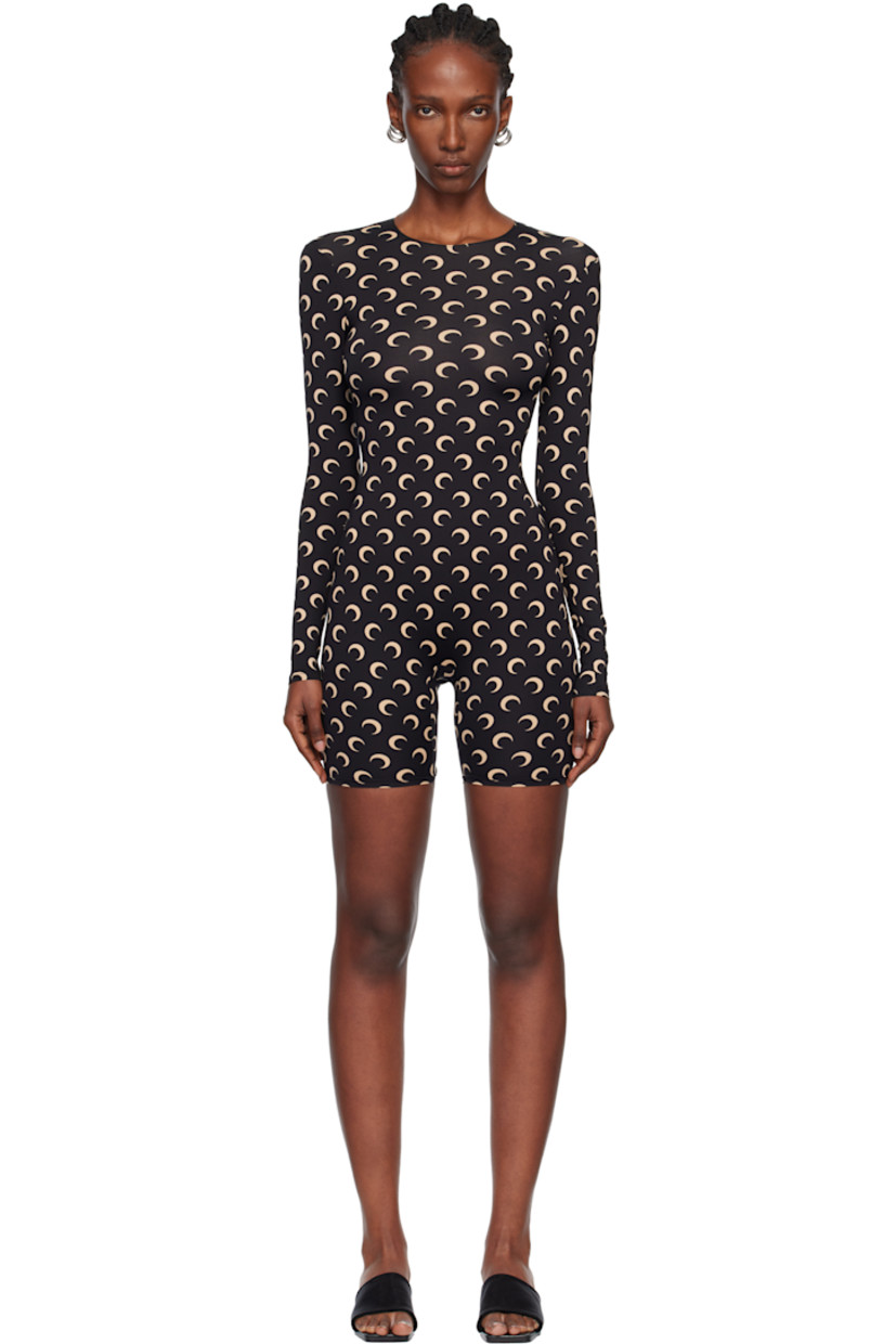 Stretch recycled nylon jersey jumpsuit.

· Logo pattern printed throughout
· Crewneck
· Zip closure at back

Supplier color: Moon tan on black