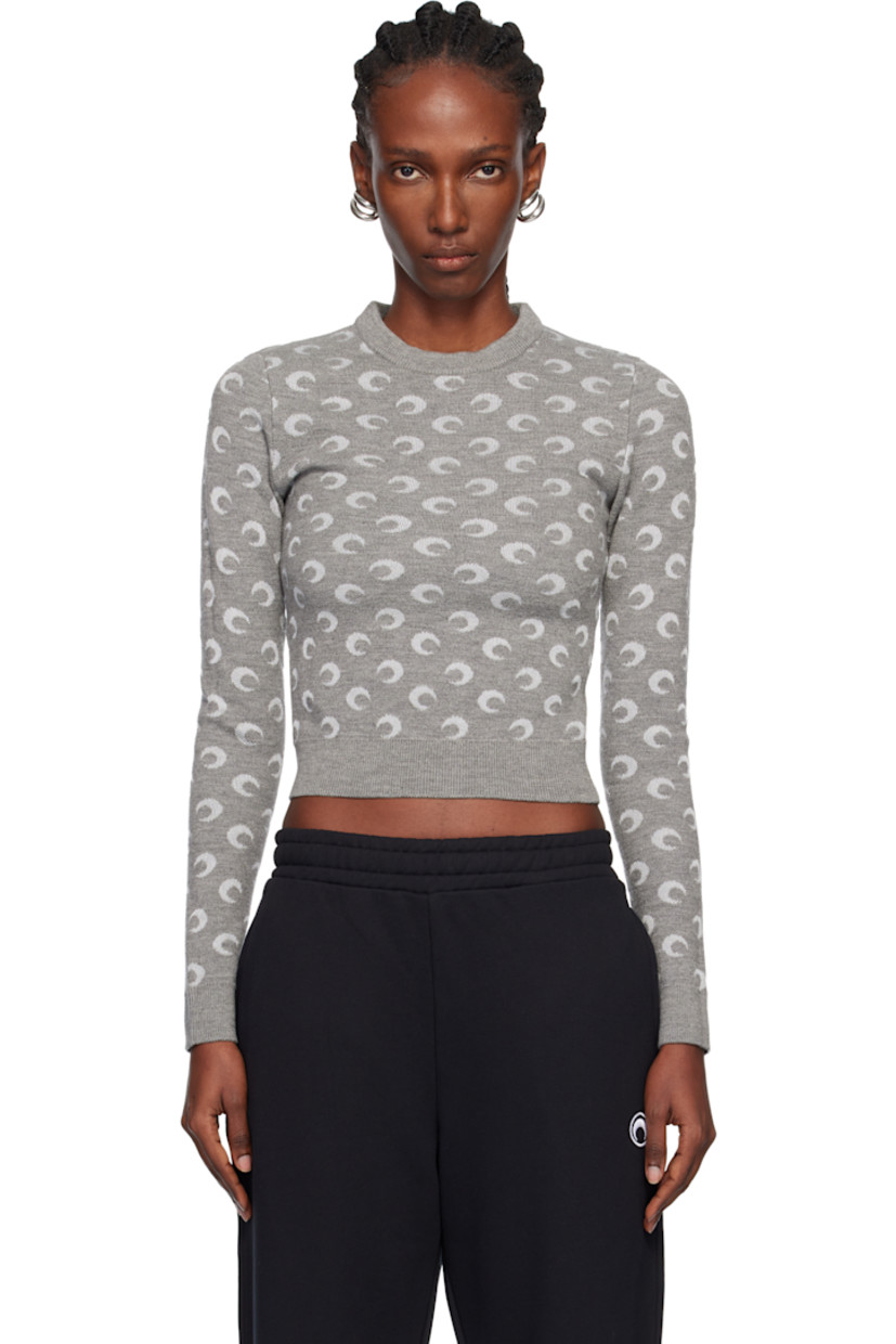 Knit virgin wool-blend sweater.

· Jacquard logo pattern throughout
· Rib-knit crewneck, hem, and cuffs
· Cropped hem

Supplier color: Misty grey