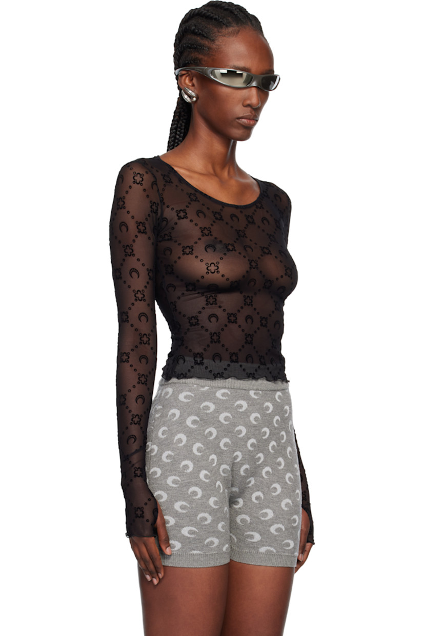 Sheer stretch recycled nylon mesh top.

· Logo pattern flocked throughout
· Scoop neck
· Lettuce edge at cropped hem and cuffs
· Logo flag at side seam

Supplier color: Black